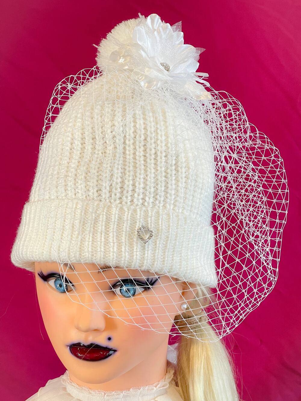 White Veil Netted Flower Heart Rhinestones Knit Beanie Hat Fascinator Handmade